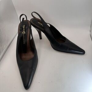 True Meaning Slingback Heels Black Leather Bronze Heels Pointed Toe Women 9 EUC